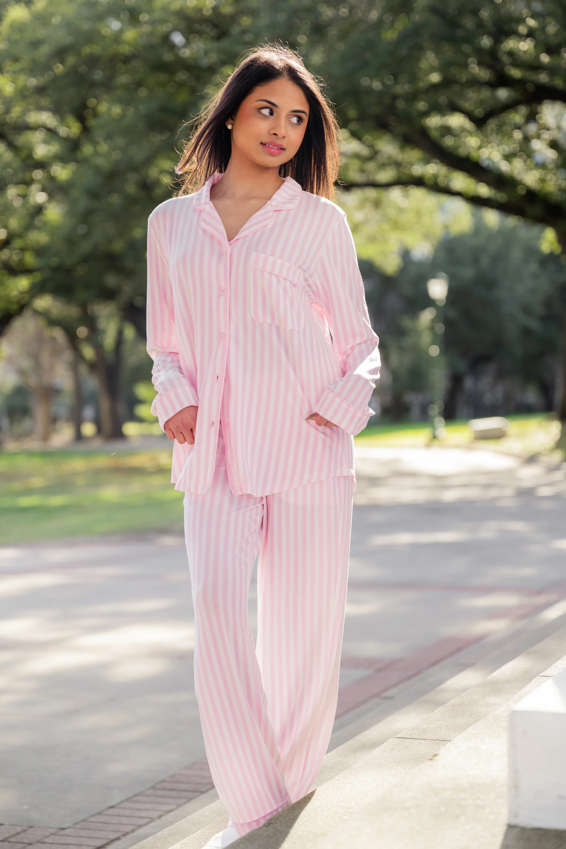 Bamboo Long-Sleeved Women's Pajama Set in Small Sakura Stripe | Kyte Living