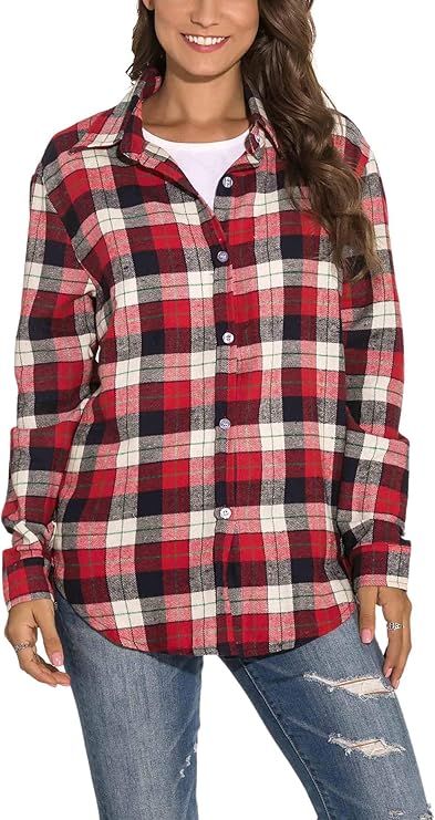 GUANYY Women's Long Sleeve Casual Loose Classic Plaid Button Down Shirt | Amazon (US)