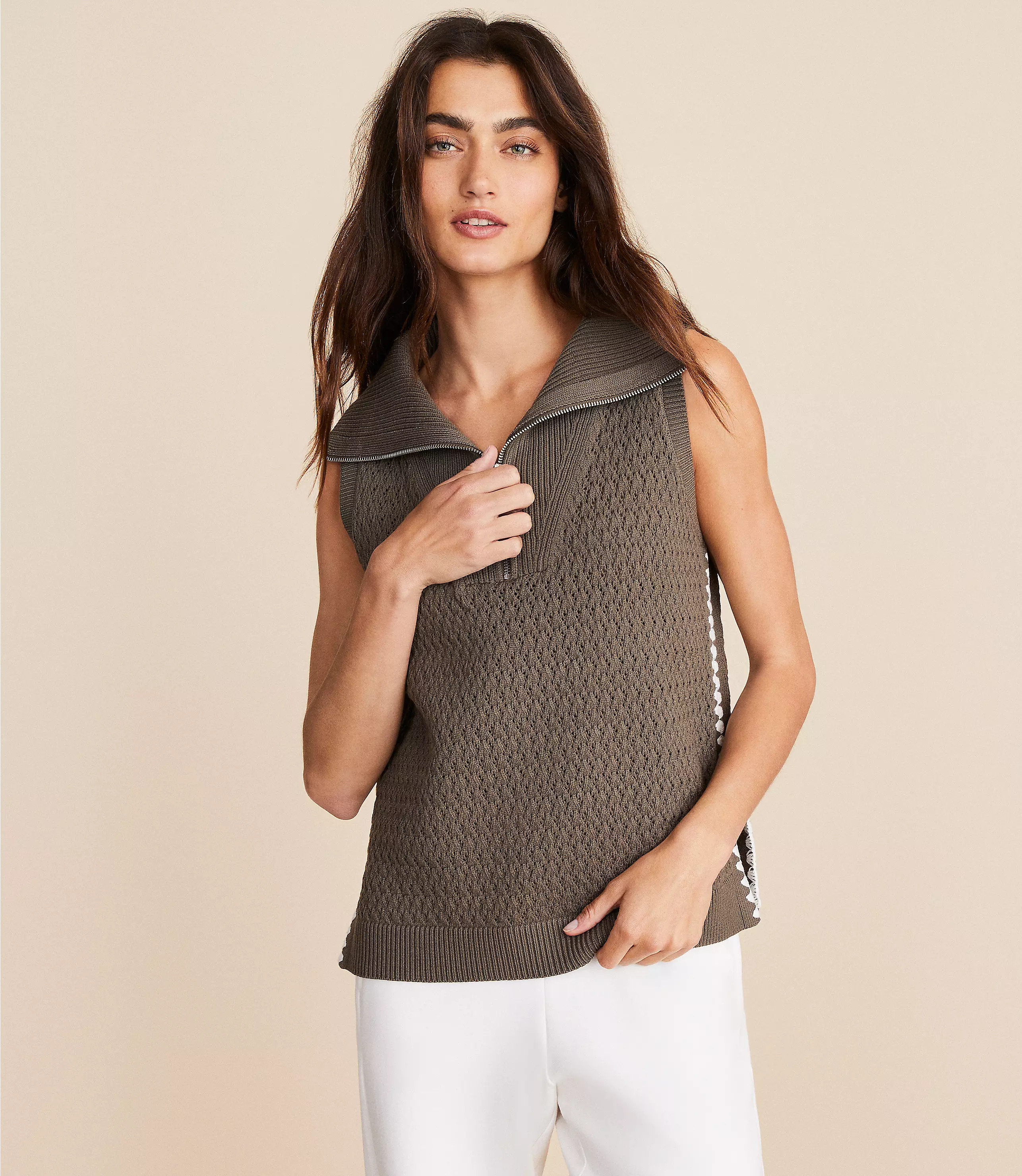 Lou & Grey Crochet Pointelle Half Zip Sweater Tank Top | LOFT