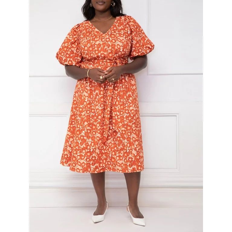 ELOQUII Elements Women's Plus Size Puff-Sleeve Belted Midi Dress | Walmart (US)