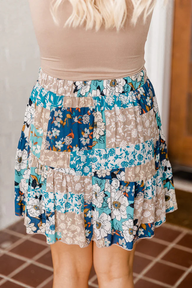 Close Attention Blue Patchwork Floral Mini Skirt | The Pink Lily Boutique