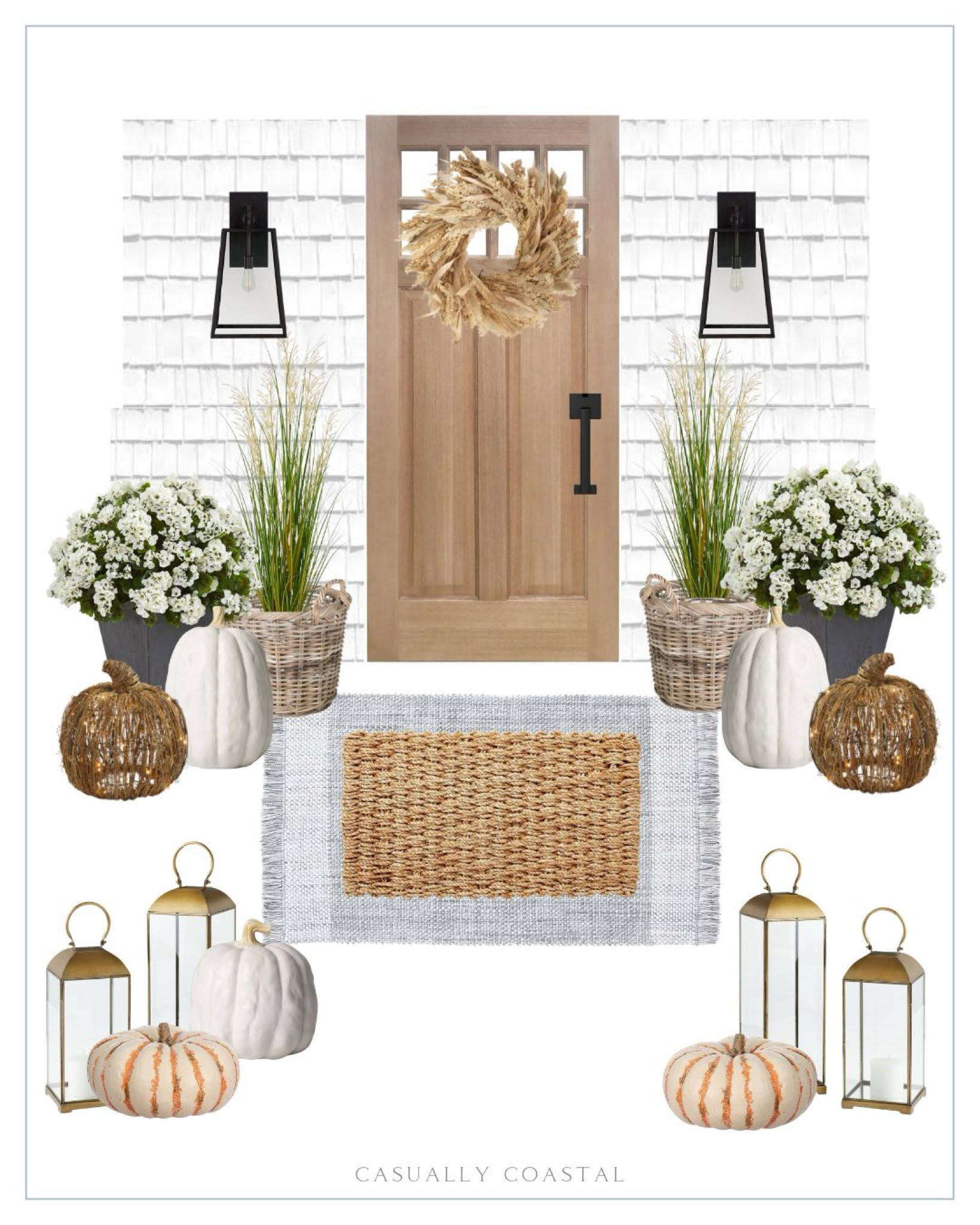 For those looking for a little fall porch inspiration!
----------
Fall porch decorations, front porch design, porch design inspo, fall porch ideas, fall front steps decor, fall front door ideas, neutral fall porch, fall decorations, coastal fall porch, porch rug, fall doormat, fall rug, outdoor pumpkins, faux plants for fall porch, white mums, faux wreath, white pumpkins, lit woven pumpkins, large sheltered porch pumpkin, target pumpkins,  brass lanterns, porch lanterns, outdoor performance rug, blue outdoor rugs, indoor/outdoor rugs, geraniums, basket weave jute doormat, dried grain wheat wreath, pottery barn wreaths, black outdoor lights, porch lights, outdoor sconces, faux house plants in pot, rattan round basket planter

#LTKSeasonal #LTKHome #LTKFindsUnder100
