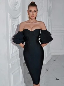 ADYCE Off Shoulder Layered Sleeve Backless Bandage Cocktail Dress | SHEIN