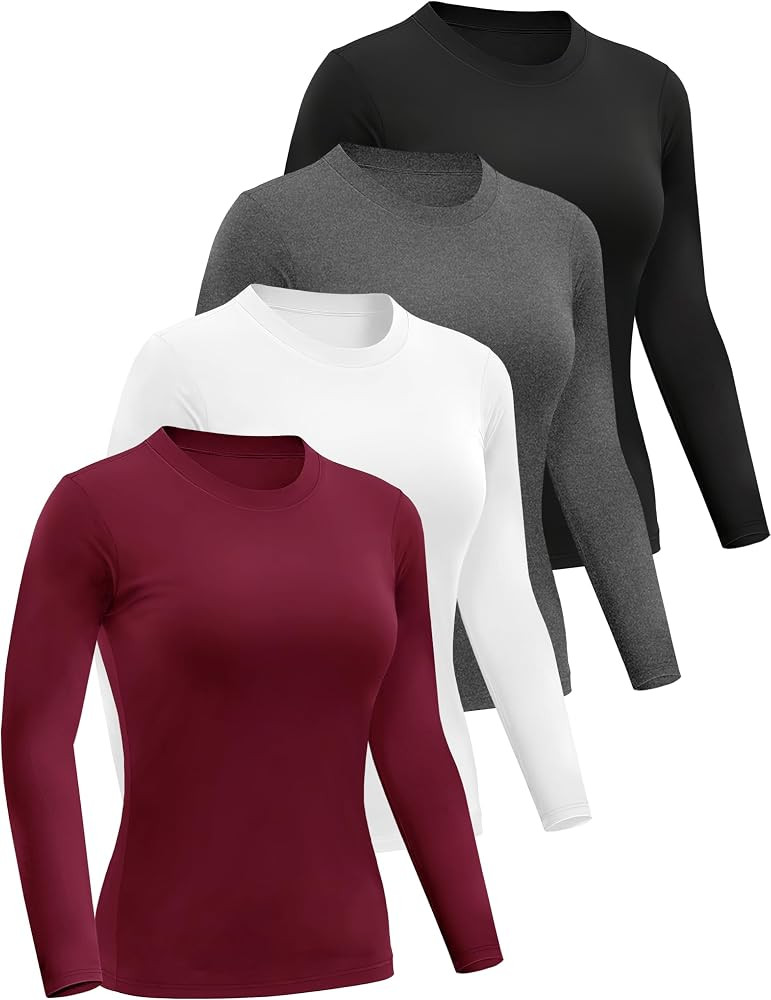 4 Pack Women’s Long Sleeve Basic Shirts Crew Neck Slim Fitted Compression Gym Workout Athletic ... | Amazon (US)