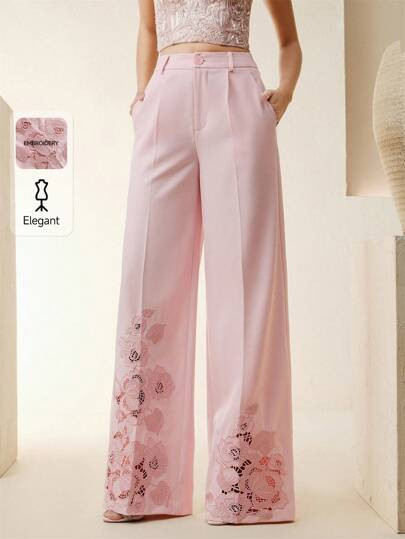 Anewsta Women's Heavy Embroidered Hollow Flower Pink Loose Pants, Summer | SHEIN