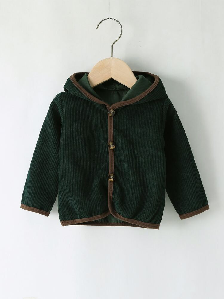 Baby Boy Contrast Binding Corduroy Hooded Coat | SHEIN