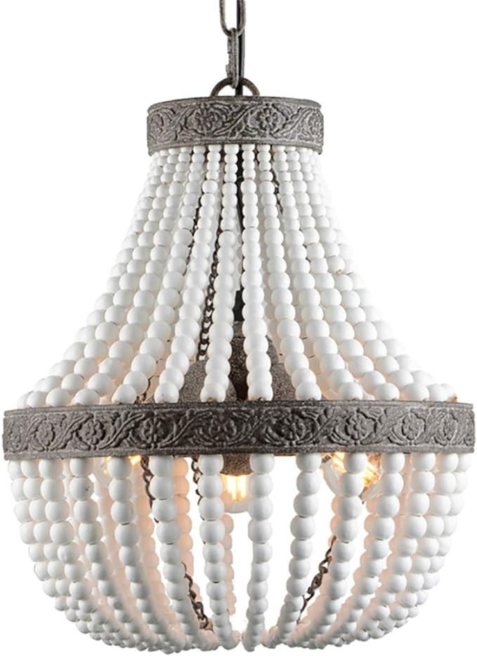 VILUXY 3-Light Bohemia Wood Beaded Chandelier Antique Rustic Pendant Light White Finishing for Be... | Amazon (US)