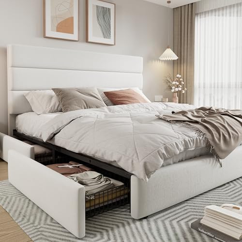 Allewie Modern King Size Platform Bed Frame with 4 Storage Drawers and Velvet Upholstered Headboa... | Amazon (US)