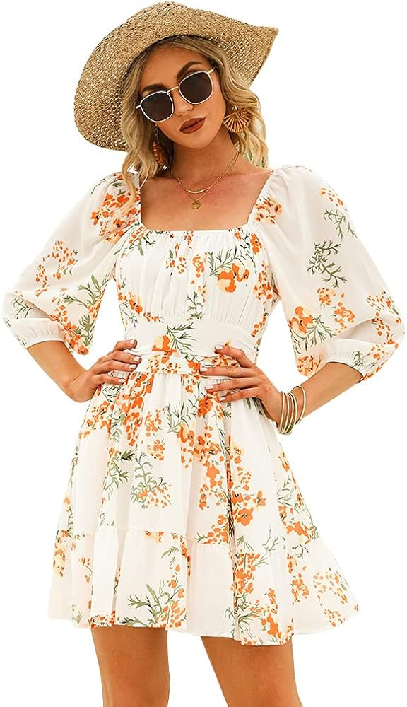 EXLURA Women's Lantern Sleeve Tie Back Dress Ruffled Off Shoulder A-Line Vintage Mini Dress | Amazon (US)