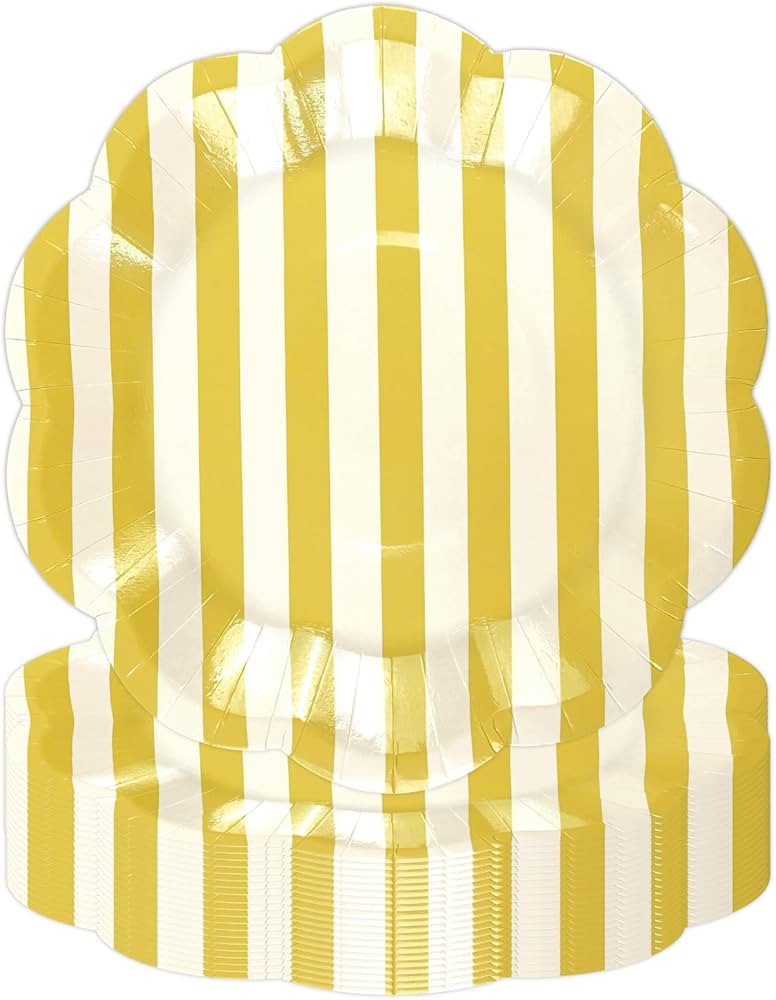 50PCS Yellow Striped Paper Plates, 7Inch Scalloped Plates Disposable Yellow and White Cake Desser... | Amazon (US)
