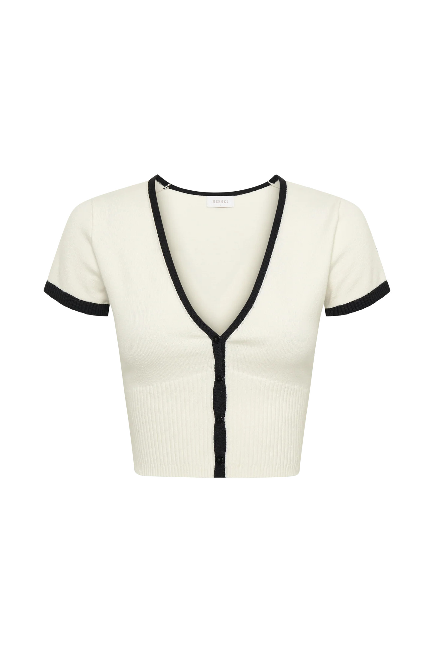 Contrast Button Up Knit Top - White | MESHKI US
