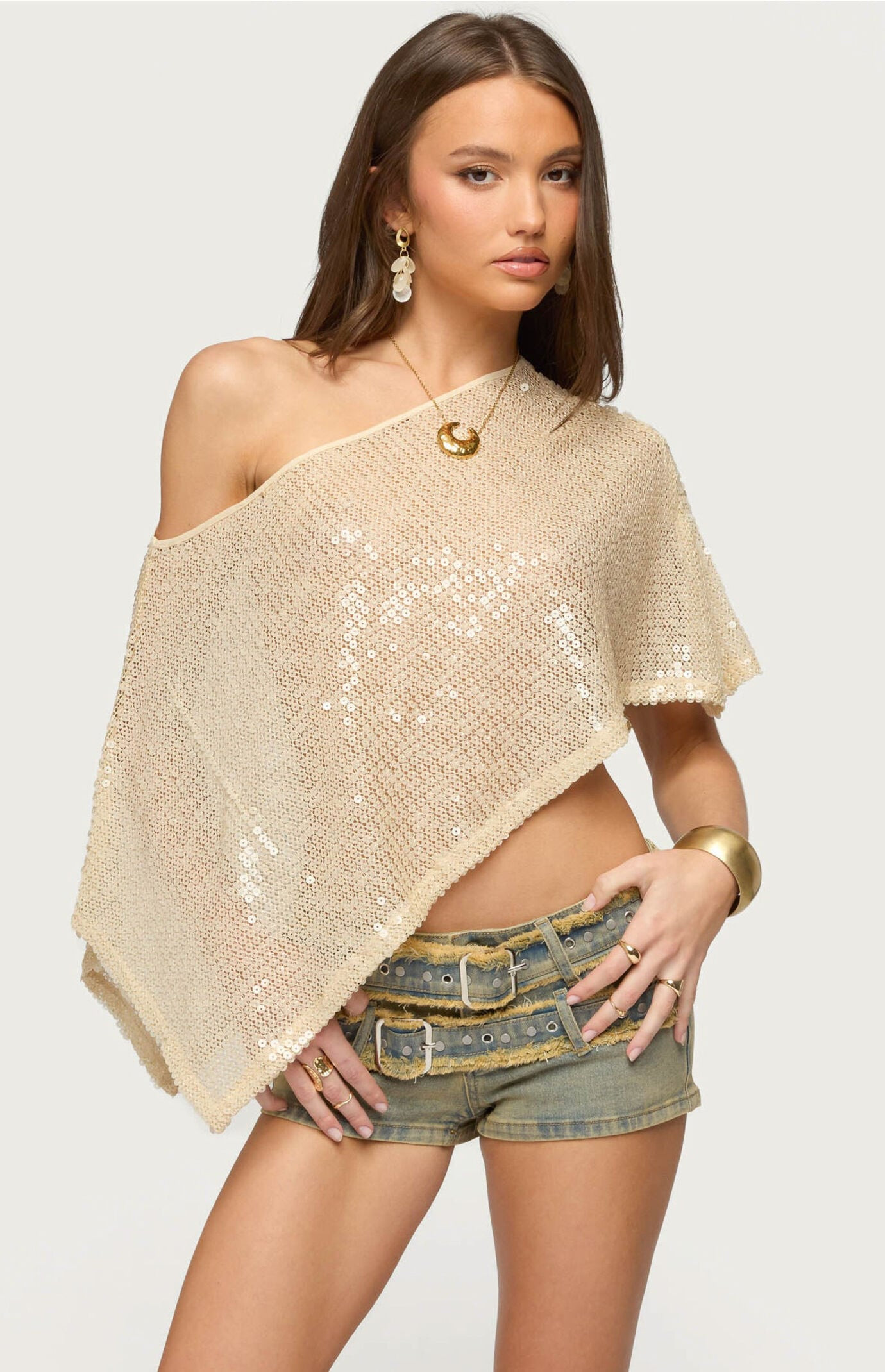 Edikted Women's Alanna Sheer Sequin Poncho in Gold - Size Medium/Large | PacSun