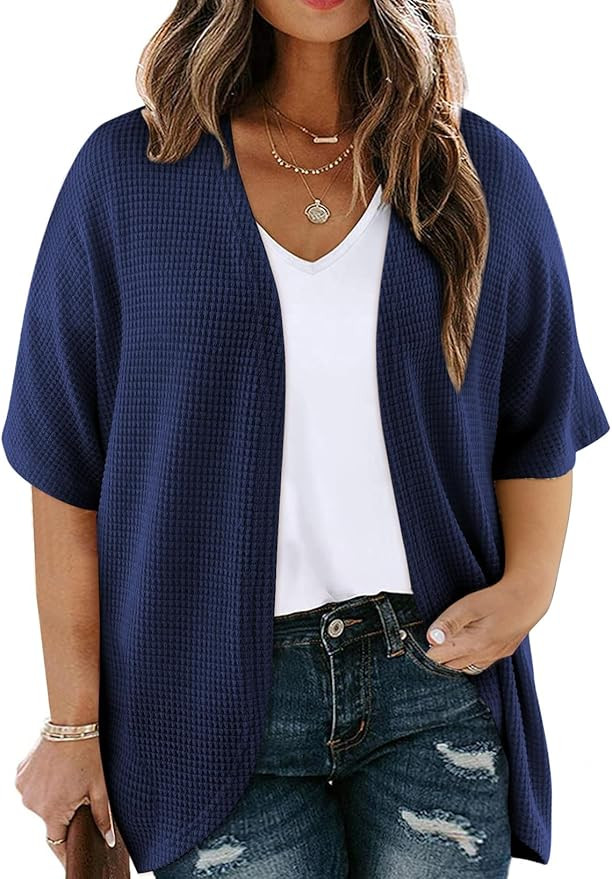 Eytino Womens Plus Size Cardigan Casual Short Sleeve Waffle Knit Kimono Open Front Tops(1X-5X) | Amazon (US)