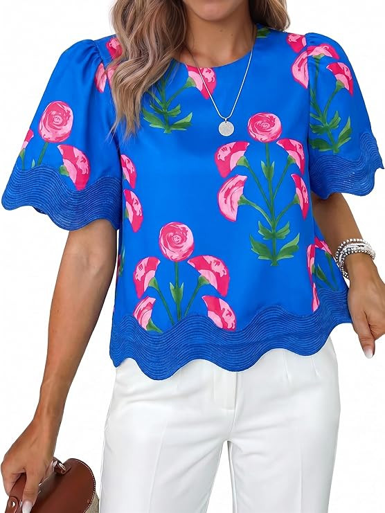 Tankaneo Womens Short Sleeve Crop Tops Summer Casual Scalloped Flowy Blouse Crewneck Ruffle Loose... | Amazon (US)