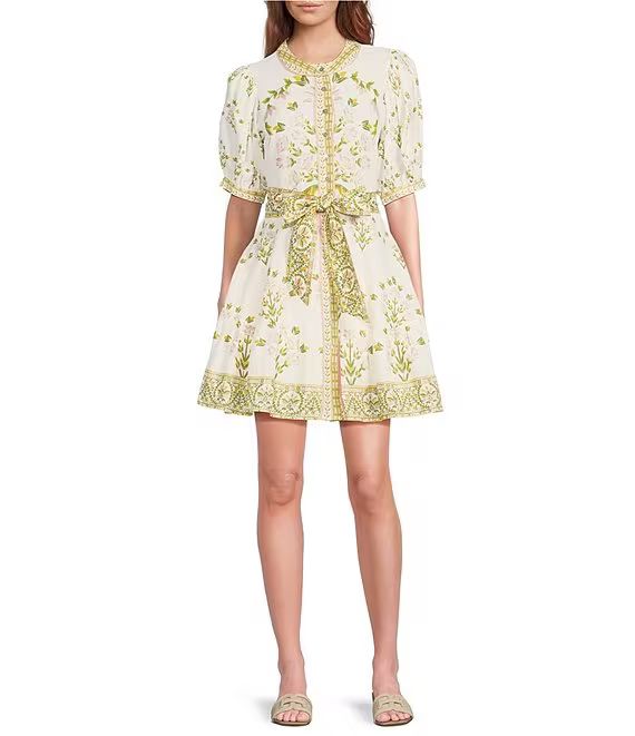 Floral Printed Bubble Sleeve Button Front Mini Dress | Dillard's