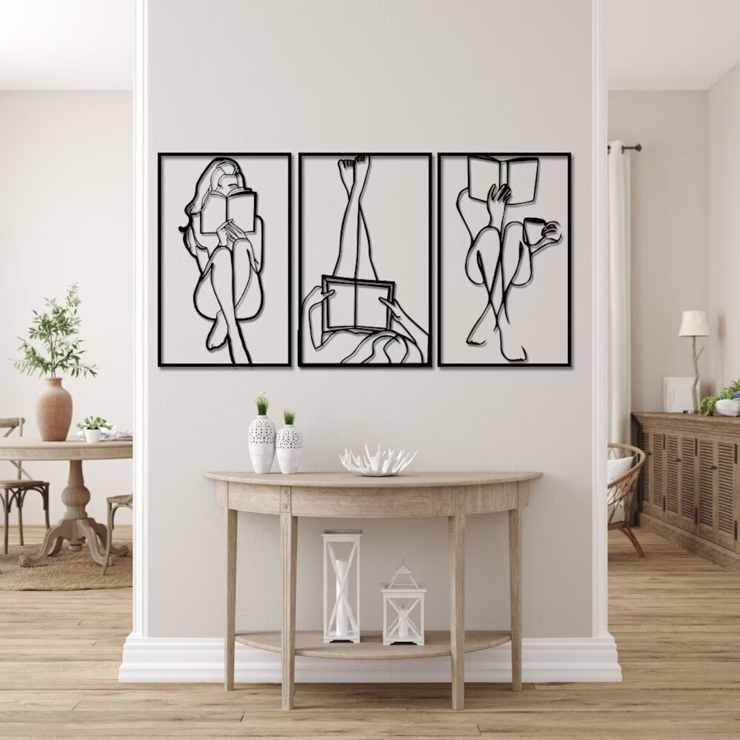 Book Set Minimalist Line Art Set Of Tre, Wall Decor, Metal Wall Art, Bookish Art, Christmas Gift,... | Etsy (US)