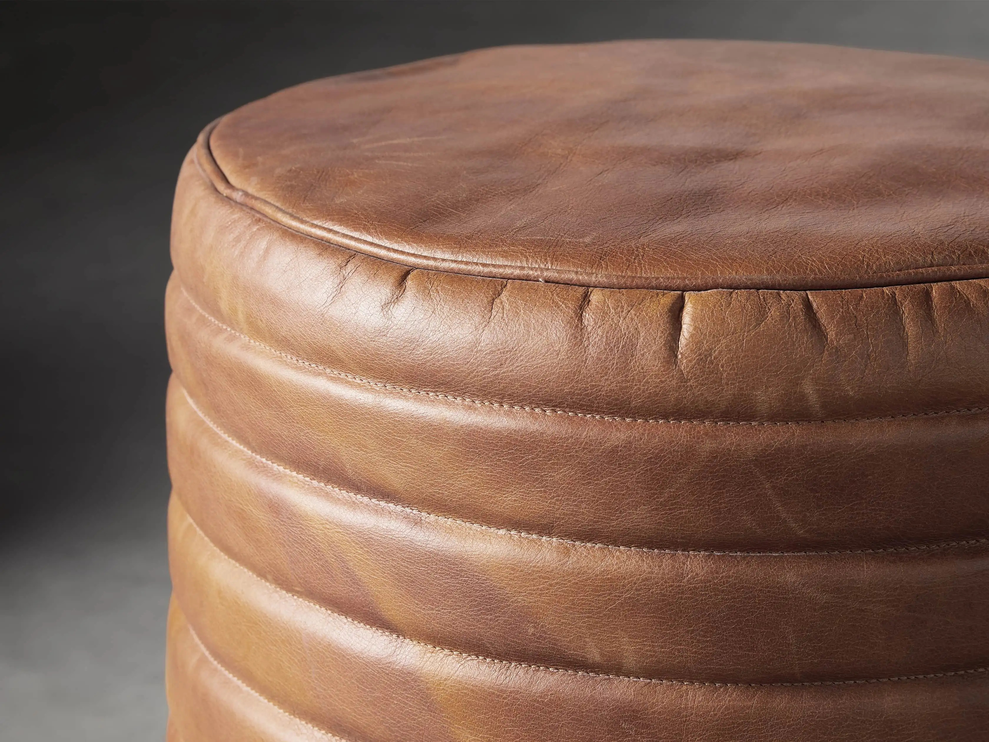 Round Channel Leather Pouf | Arhaus