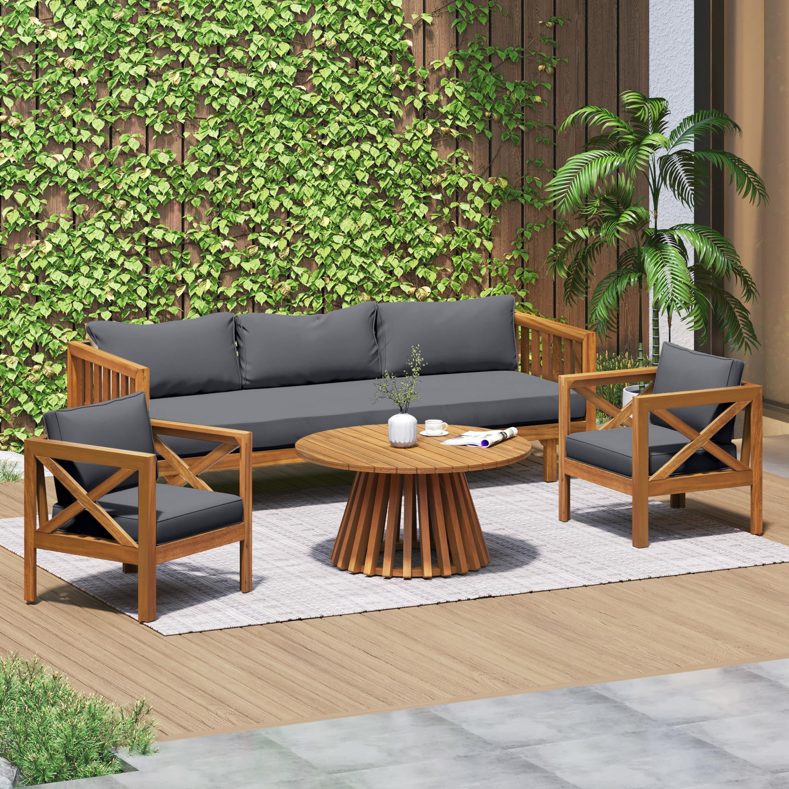 Merax Outdoor 4-Piece Acacia Wood Conversation Set - Patio 3-Seat Loveseat Sofa w/Coushion, 2 Arm... | Amazon (US)