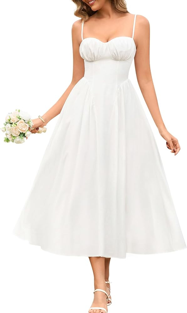 EYNMIN Floral Midi Dress Spaghetti Strap Lace Up Flowy A Line Corset Sundress 2026 Summer Wedding... | Amazon (US)