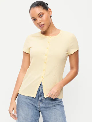 Short-Sleeve Ribbed Button-Down Top | Old Navy (US)