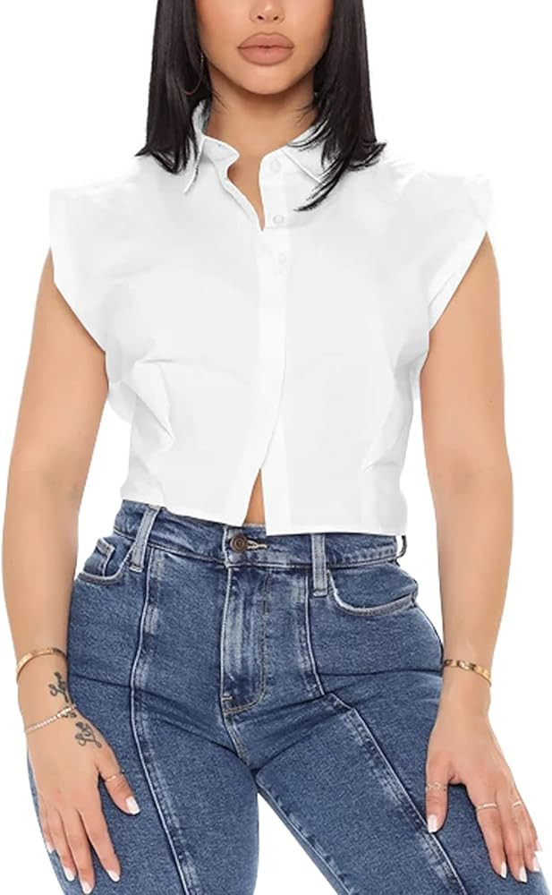 Rooscier Women's Collar V Neck Cap Sleeve Button Down Slim Fit Crop Top Shirt Blouse | Amazon (US)