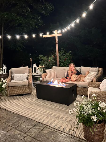 Walmart Patio set from Better Homes and Gardens River Oaks Collection 

Outdoor wicker sofa and chair set, outdoor fire pit, outdoor string lights, outdoor rug, outdoor furniture, patio furniture, patio set, Walmart patio furniture 

#LTKsalealert #LTKhome #LTKSeasonal