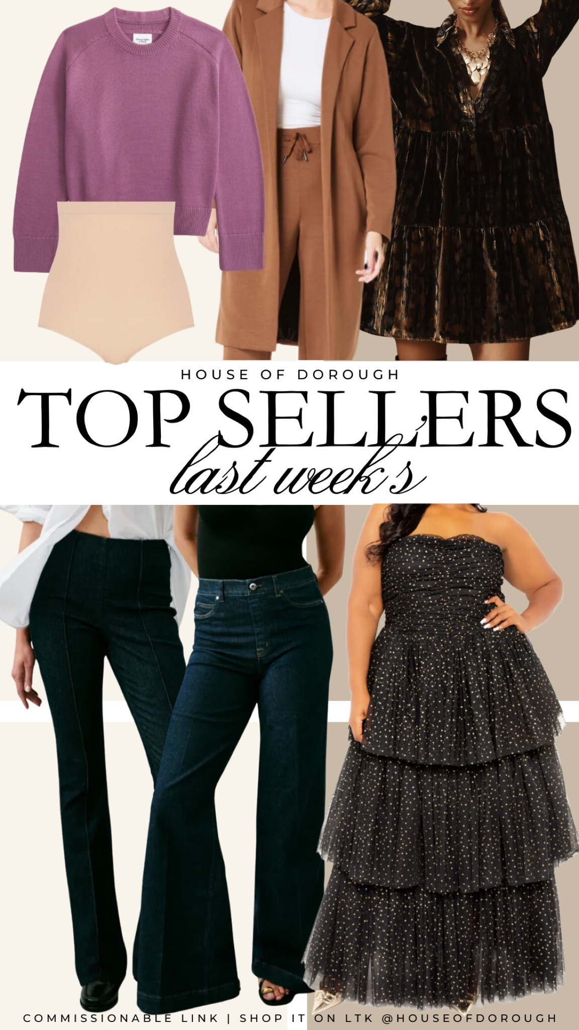 Last week’s best sellers are some of my favorites 🤩🤩🤩 The sweater is perfect for winter I wear a size XXL. The coat I’m in a 2X and it’s TTS! The anthro dress I got a size 2X. The polka dot dress is a 2X too! Both jeans are spanx and I am a size 3X petite in the new wide leg Jeans (they run really long, so at 5’8 the length is perfection in petite) & the flare pair I am a 2X petite too! Use my discount code ASHLEYDXSPANX to save 20% on anything from spanx, plus free shipping! I like to sometimes size up in the shape wear but had my regular size on here! 