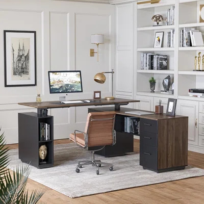 63" L Shaped Office Electric Standing Desk with File Cabinet and Storage Shelves | Wayfair North America