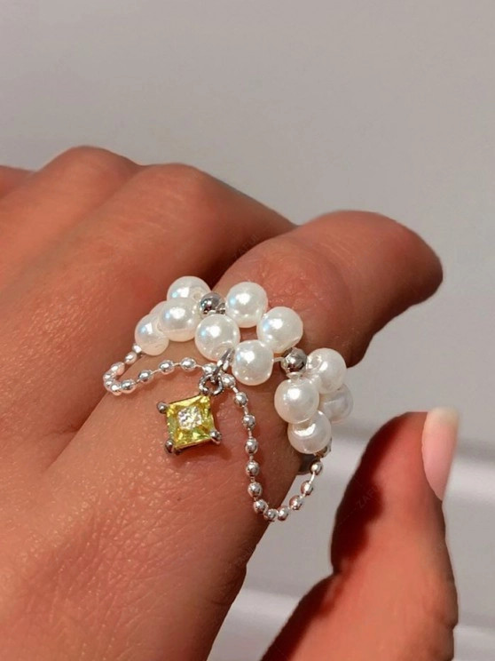 Double-deck Zircon Design Elastic Faux Pearl Ring   YELLOW | ZAFUL (Global)