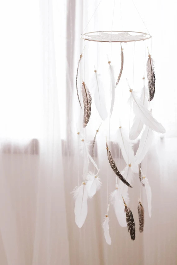 Natural and White Feather Mobile - Polkadot Guinea Gold Boho Bohemian Baby Tribal Crib Nursery Baby  | Etsy (US)
