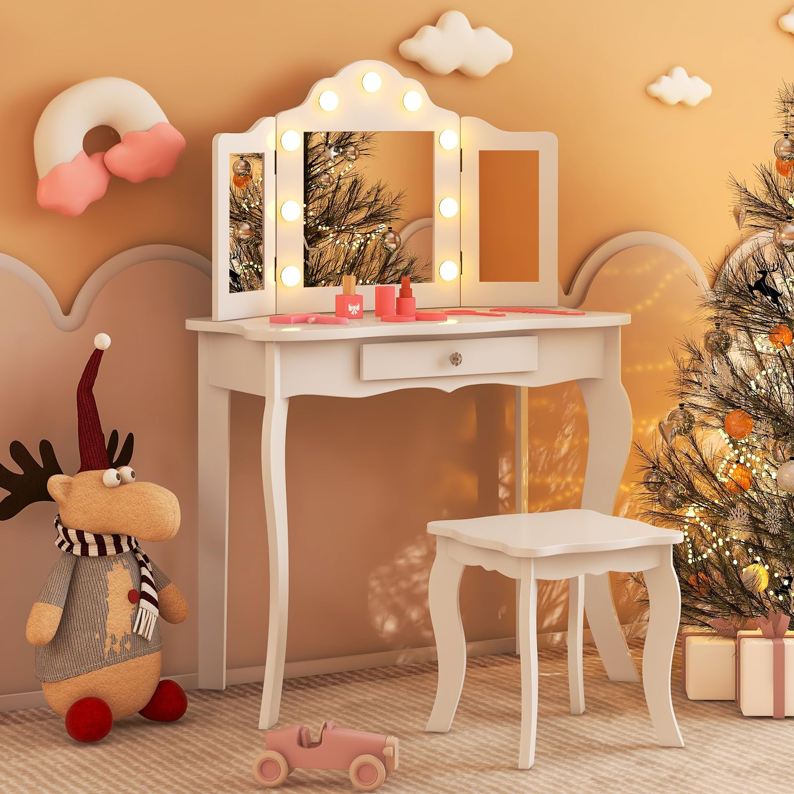 Costzon Kids Vanity, Girls Vanity Set with Mirror and Stool and Lights, Drawer, 2 in 1 Wooden Pri... | Amazon (US)