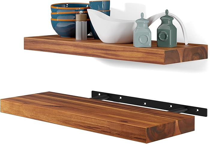 BATODA Set of 2 17" Acacia Wood Floating Shelves Wall Mounted – Rustic Farmhouse Wooden Wall St... | Amazon (US)