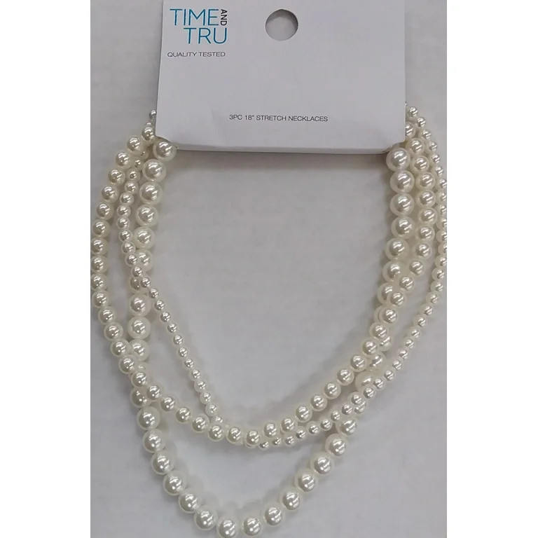 Time and Tru 3 Piece White Strands Pearl Stretch Necklace Set | Walmart (US)