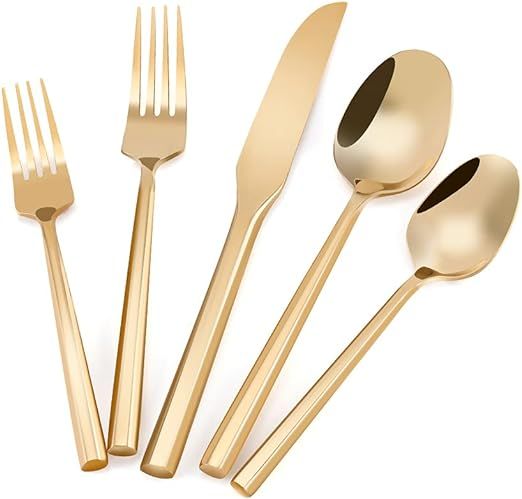 JINTUO Silverware Set Gold Flatware Set Stainless Steel Cutlery Set Shiny Mirror Polished Hexagon... | Amazon (US)
