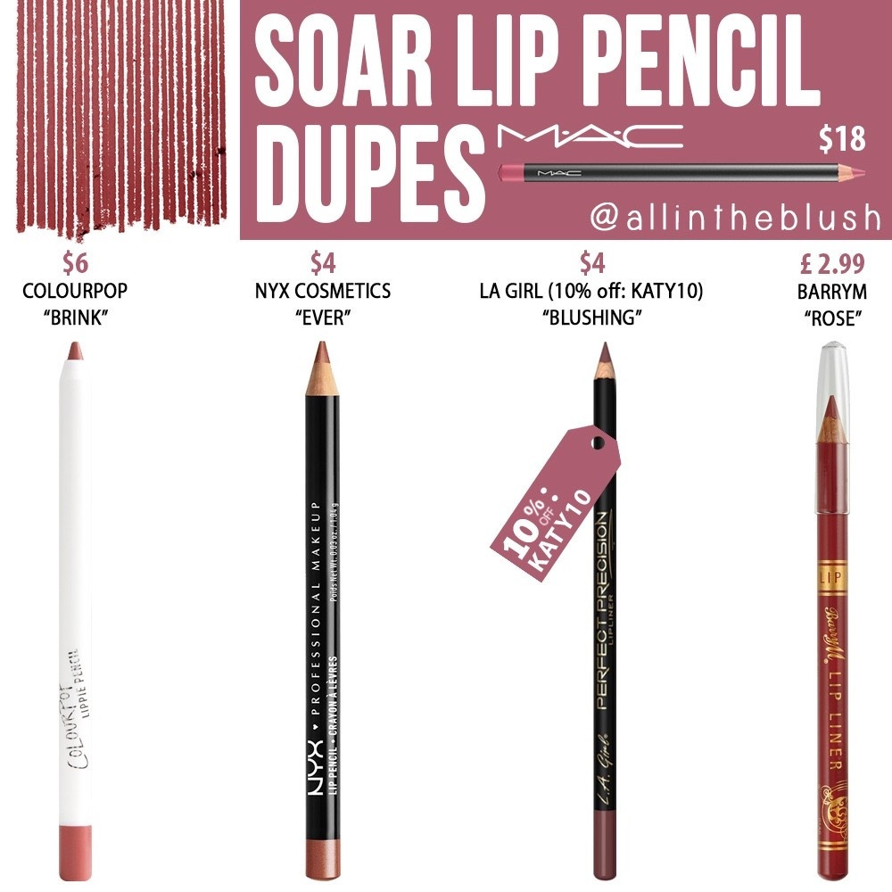 Affordable alternatives for MAC ‘Soar’ Lip Pencil including ColourPop, NYX, LA Girl (save 10% off with code: katy10) & Barry M

#LTKBeauty #LTKSaleAlert #LTKgrwm