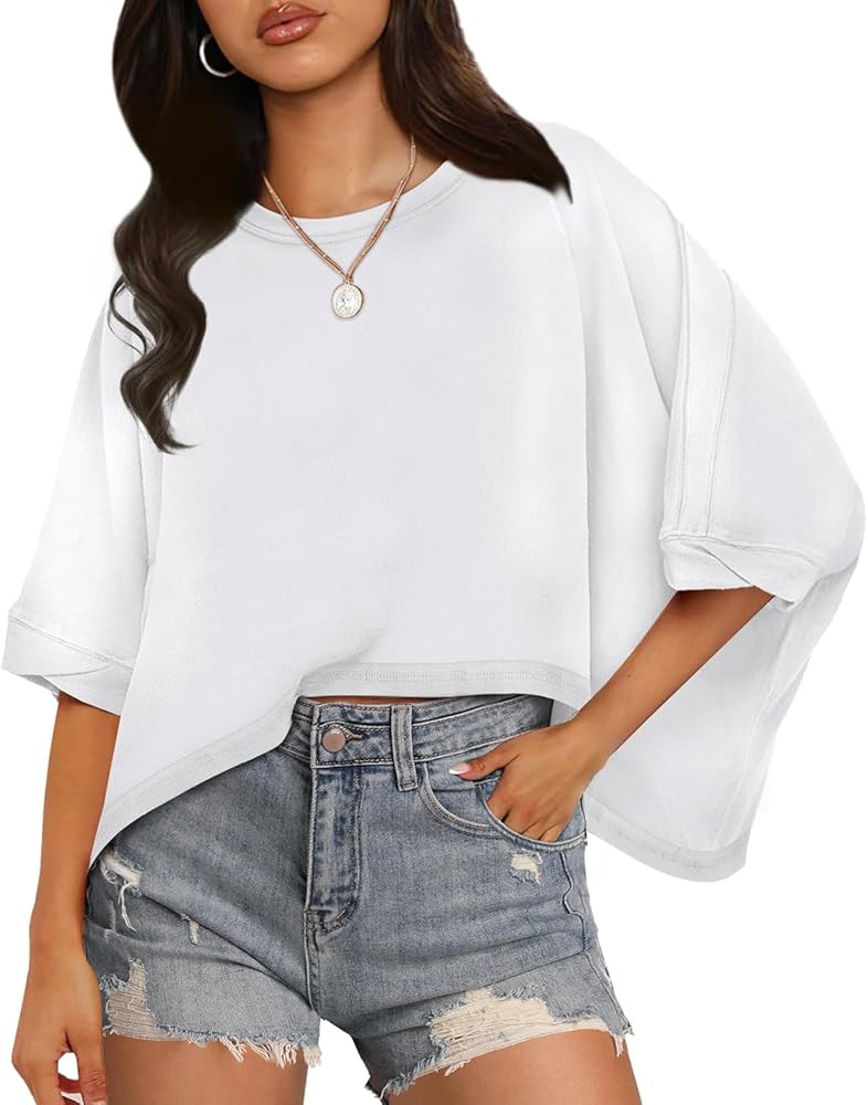 WIHOLL Crop Tops for Women Short Sleeve Crewneck Tops Oversized Tshirts Casual Summer | Amazon (US)