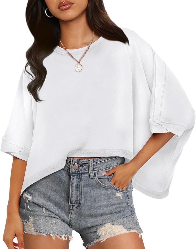 WIHOLL Crop Tops for Women Short Sleeve Crewneck Tops Oversized Tshirts Casual Summer | Amazon (US)