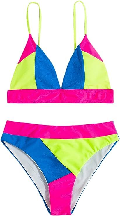 SheIn Women's Color Block Swimsuit Micro Triangle Bikini Top High Waist Panty Set Bathing Suit | Amazon (US)