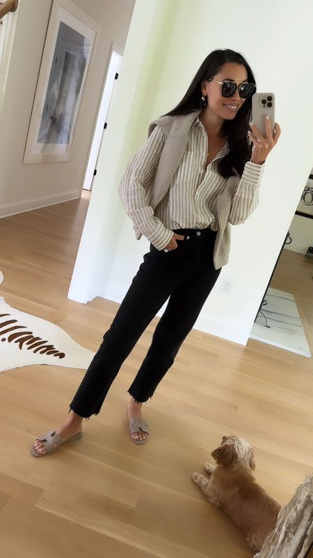 Linen stripe button down shirt, Jenni Kayne cashmere sweater, Frank and Eileen jeans, Hermes Oran sandals. Spring outfit, denim outfit, classic style, jeans, v neck sweater. 

Top runs slightly big so if you’re petite, size down.

#LTKSeasonal #LTKWorkwear #LTKFindsUnder50