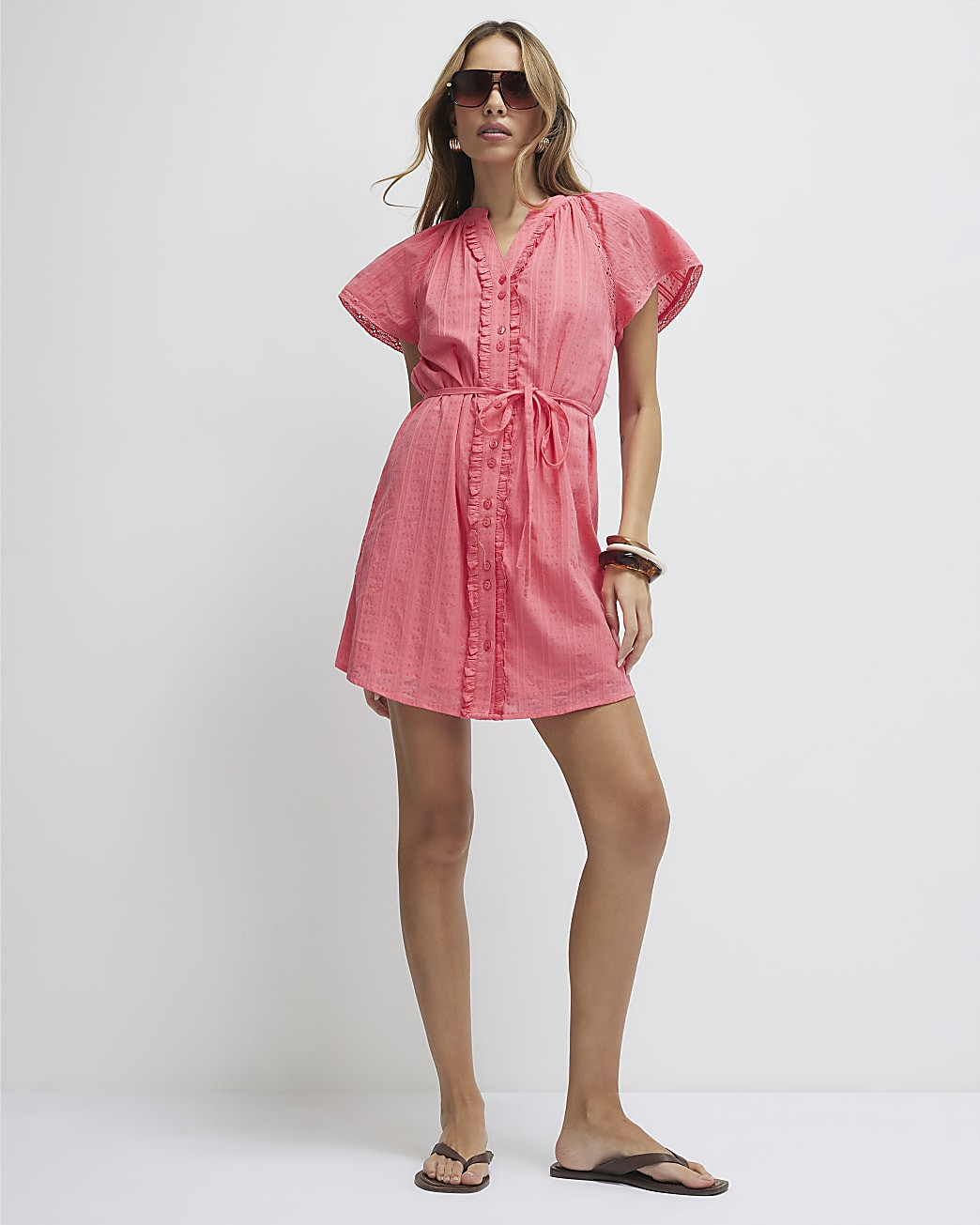 Pink V Neck Short Sleeve Frill Mini Dress | River Island UK & IE