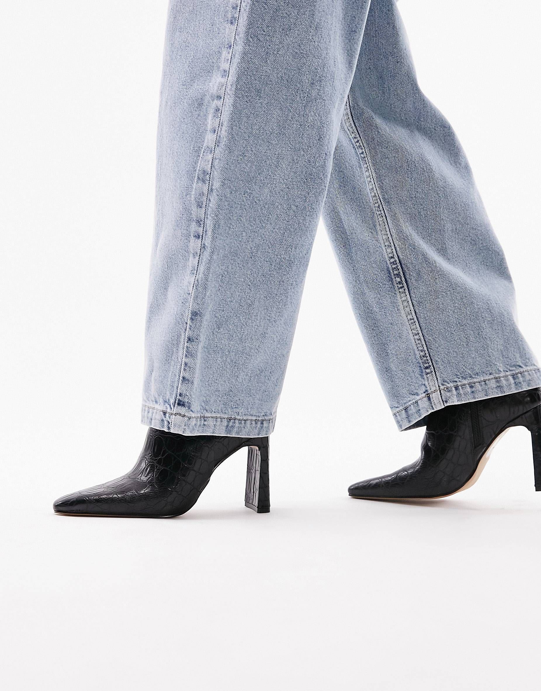 Topshop Ophelia pointed high heel ankle boot in black croc | ASOS (Global)