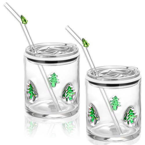 Patelai 2 Pcs Christmas Tree Icon Glasses Cups with Lids and Straws 15oz Reusable Drinking Iced Coffee Glass Cups Cute Xmas Tumbler Gifts for Christmas Adults Women Men Holiday Stocking Stuffer | Amazon (US)