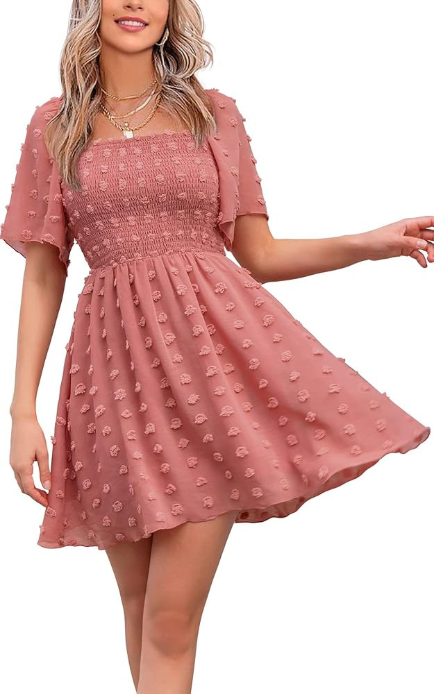 EXLURA Women's 2024 Summer Casual Ruffle Short Sleeve Swiss Dot Mini Dress Smocked Square Neck Fl... | Amazon (US)