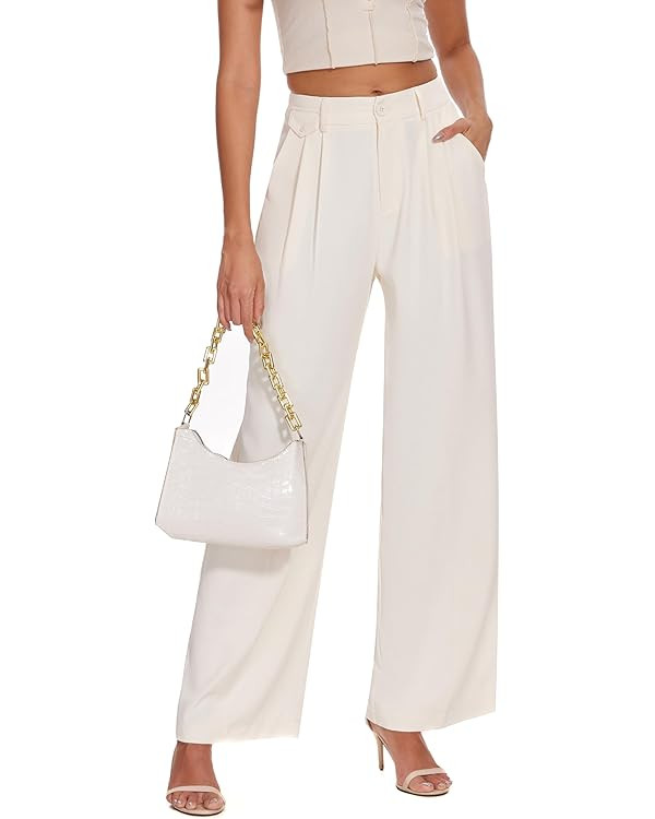 FUNYYZO Women's Loose Pleated Front Long Pants Wide Leg Trousers Solid Causal Dressy | Amazon (US)