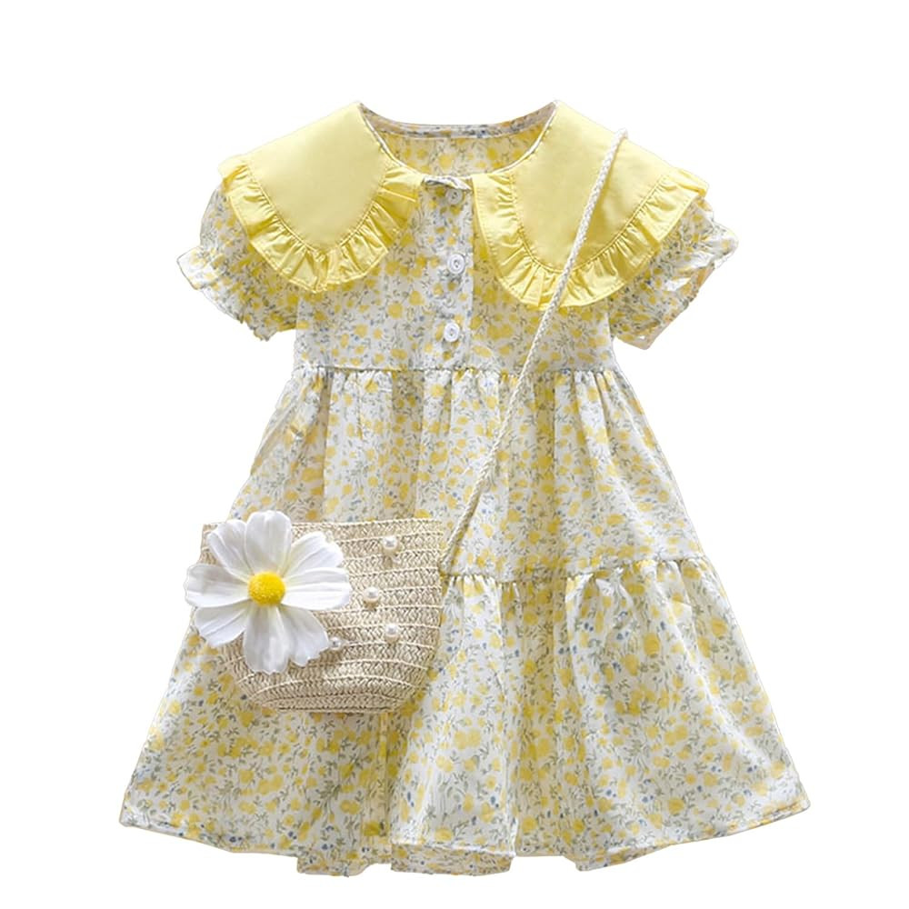 AGQT Toddler Girls Floral Dress Square Neck Puff Sleeve A-Line Smocked Dress with Bag Toddler Gir... | Amazon (US)