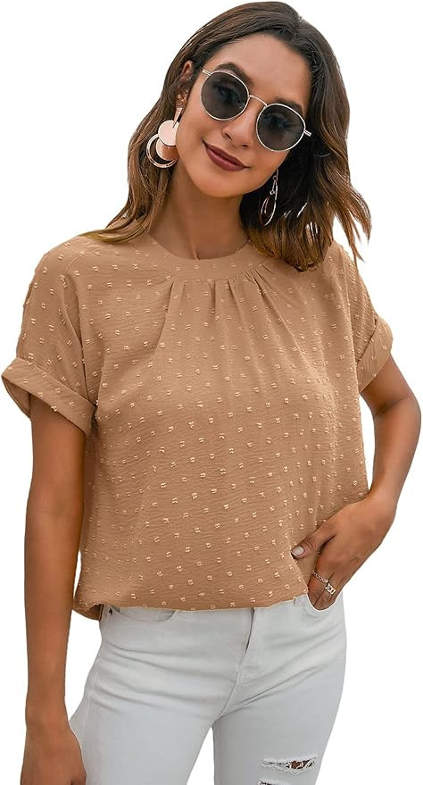 Romwe Women's Casual Swiss Dots Round Neck Pleated Short Sleeve Work Blouse Top Shirt | Amazon (US)