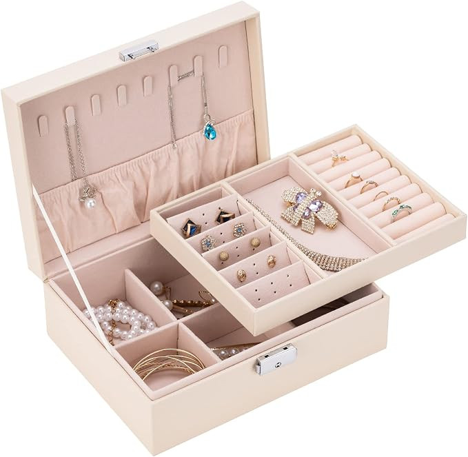 Smileshe Jewelry Box for Women Girls, PU Leather Organizer Holder Boxes with Lock, 2 Layers Remov... | Amazon (US)