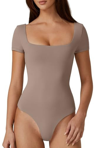 QINSEN Short Sleeve Shirts for Women Square Neck Bodysuit Double Lined Smooth Trendy T-Shirt Warm Taupe L | Amazon (US)
