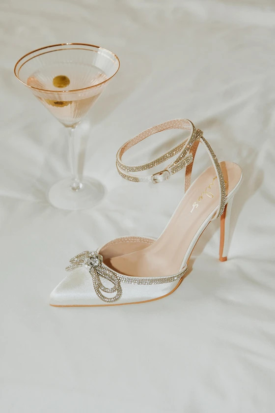 Lullie White Satin Rhinestone Ankle Strap Pointed-Toe Pumps | Lulus