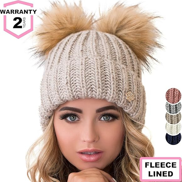Braxton Beanie Women - 2 Pom Ears Cable Knit Winter Warm Fleece Hat - Wool Snow Outdoor Ski Cap | Amazon (US)
